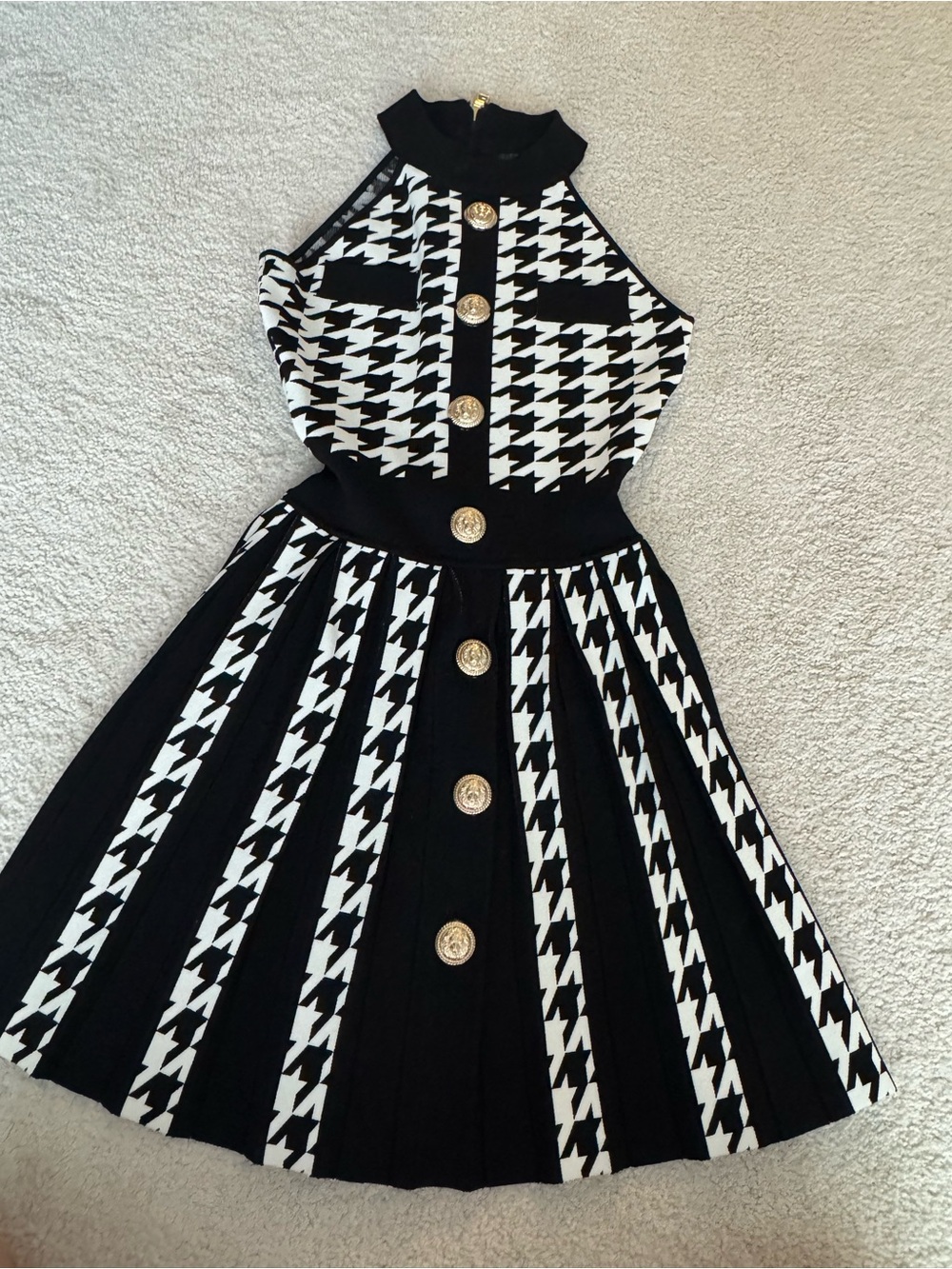 Balmain Black and White Houndstooth Halter Dress with Gold Buttons